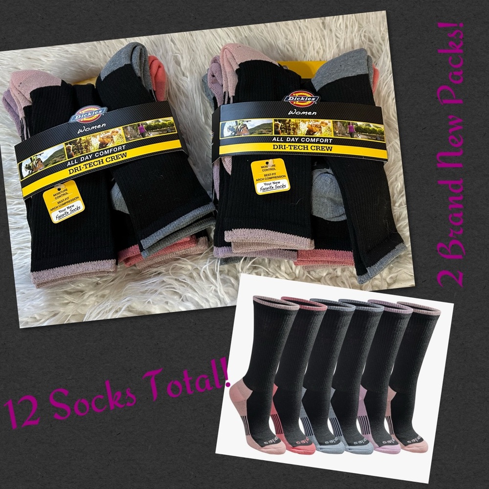 Dickies Women All Day Comfort Moisture Control Dri-Tech TWELVE Crew Socks NWT